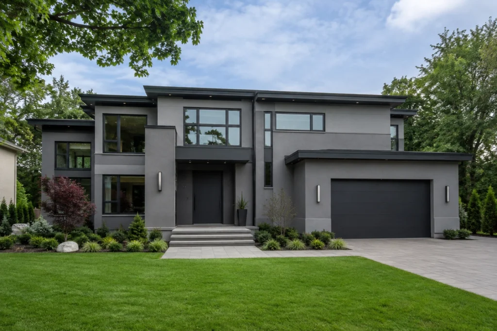 15 Gray Stucco House Ideas: Light, Dark, White Trim & Black Accents 15 monochrome gray modern stucco house