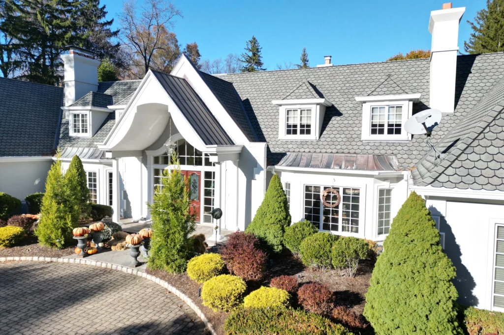 Restored mansion front aerial left at Saddle River residence in Saddle River, NJ.