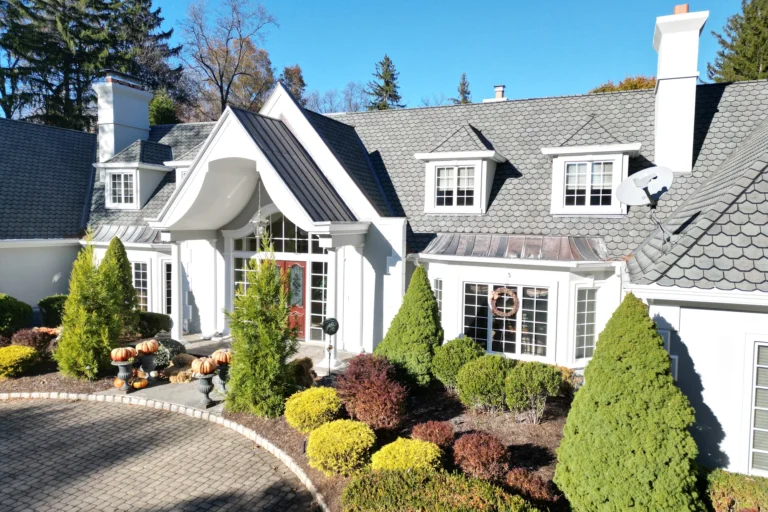 Restored mansion front aerial left at Saddle River residence in Saddle River, NJ.
