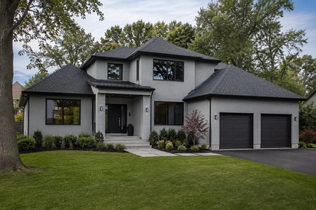 15 Gray Stucco House Ideas: Light, Dark, White Trim & Black Accents 6 silver gray stucco house charcoal roof