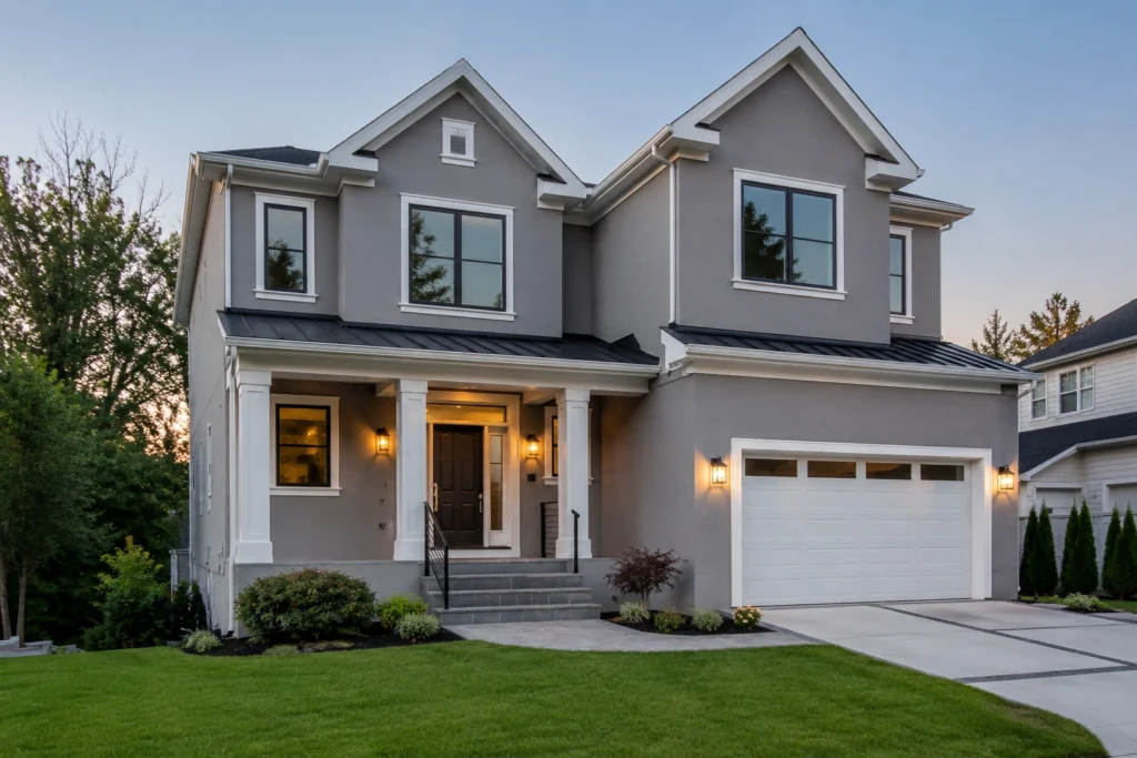 15 Gray Stucco House Ideas: Light, Dark, White Trim & Black Accents 7 silver gray stucco house charcoal roof 2