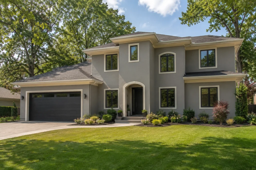15 Gray Stucco House Ideas: Light, Dark, White Trim & Black Accents 17 soft gray stucco house cream trim
