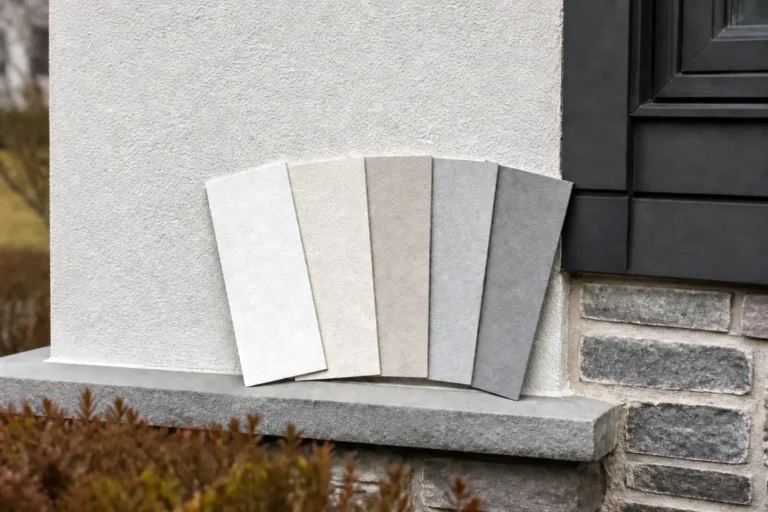 Neutral stucco color samples displayed against an exterior wall