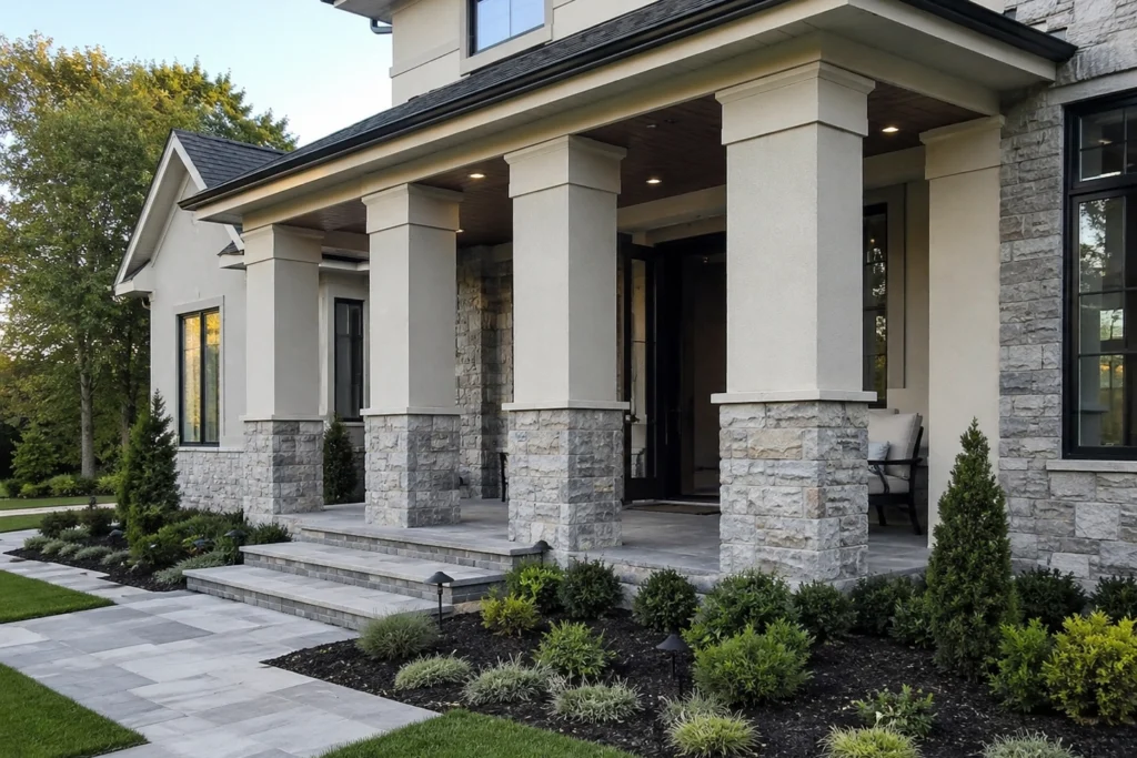 Stucco and Stone Exterior: 15 Ideas for Modern and Traditional Homes 9 stucco house with stone column bases