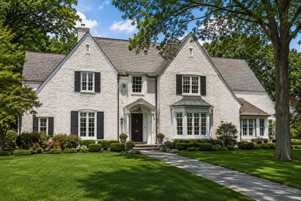 15 White Stucco House Ideas: Black Trim, Windows, Stone & Modern Designs 14 textured white stucco traditional house