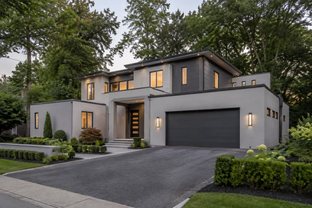 15 Gray Stucco House Ideas: Light, Dark, White Trim & Black Accents 9 two tone light dark gray stucco house