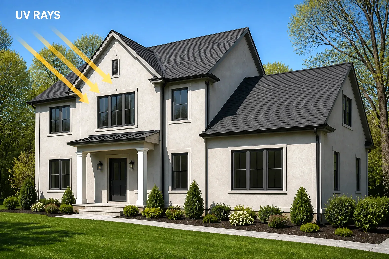 Stucco home exposed to labeled UV rays in direct sunlight