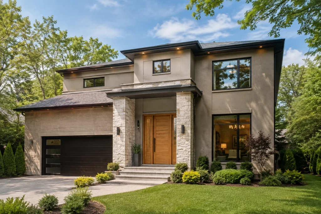 15 Gray Stucco House Ideas: Light, Dark, White Trim & Black Accents 5 warm greige stucco house wood door