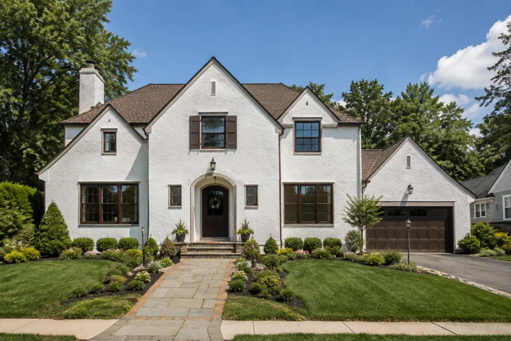 15 White Stucco House Ideas: Black Trim, Windows, Stone & Modern Designs 8 white stucco house with brown trim