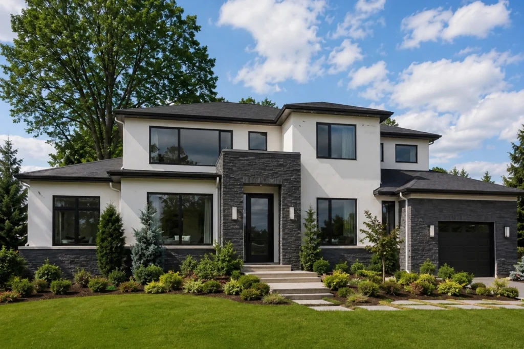 Stucco and Stone Exterior: 15 Ideas for Modern and Traditional Homes 3 white stucco house with charcoal stone
