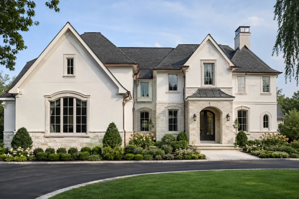 Stucco and Stone Exterior: 15 Ideas for Modern and Traditional Homes 4 white stucco house with cream stone