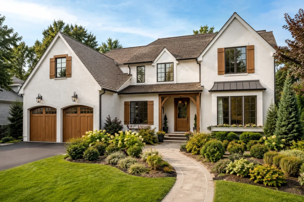 15 White Stucco House Ideas: Black Trim, Windows, Stone & Modern Designs 7 white stucco house wood accents