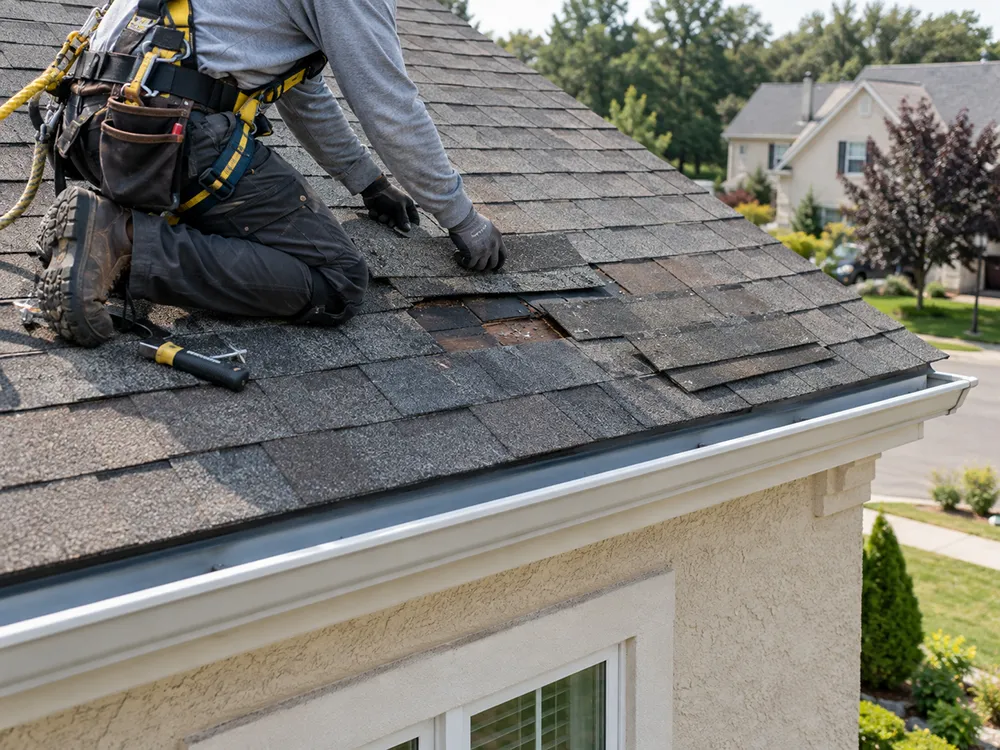Roofer replacing missing asphalt shingles near the gutter of a stucco home