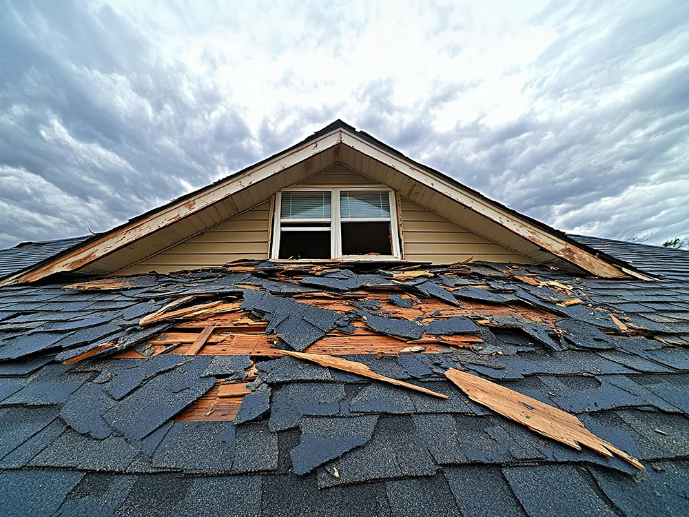 Storm-damaged asphalt shingles exposing the roof deck on a residential home
